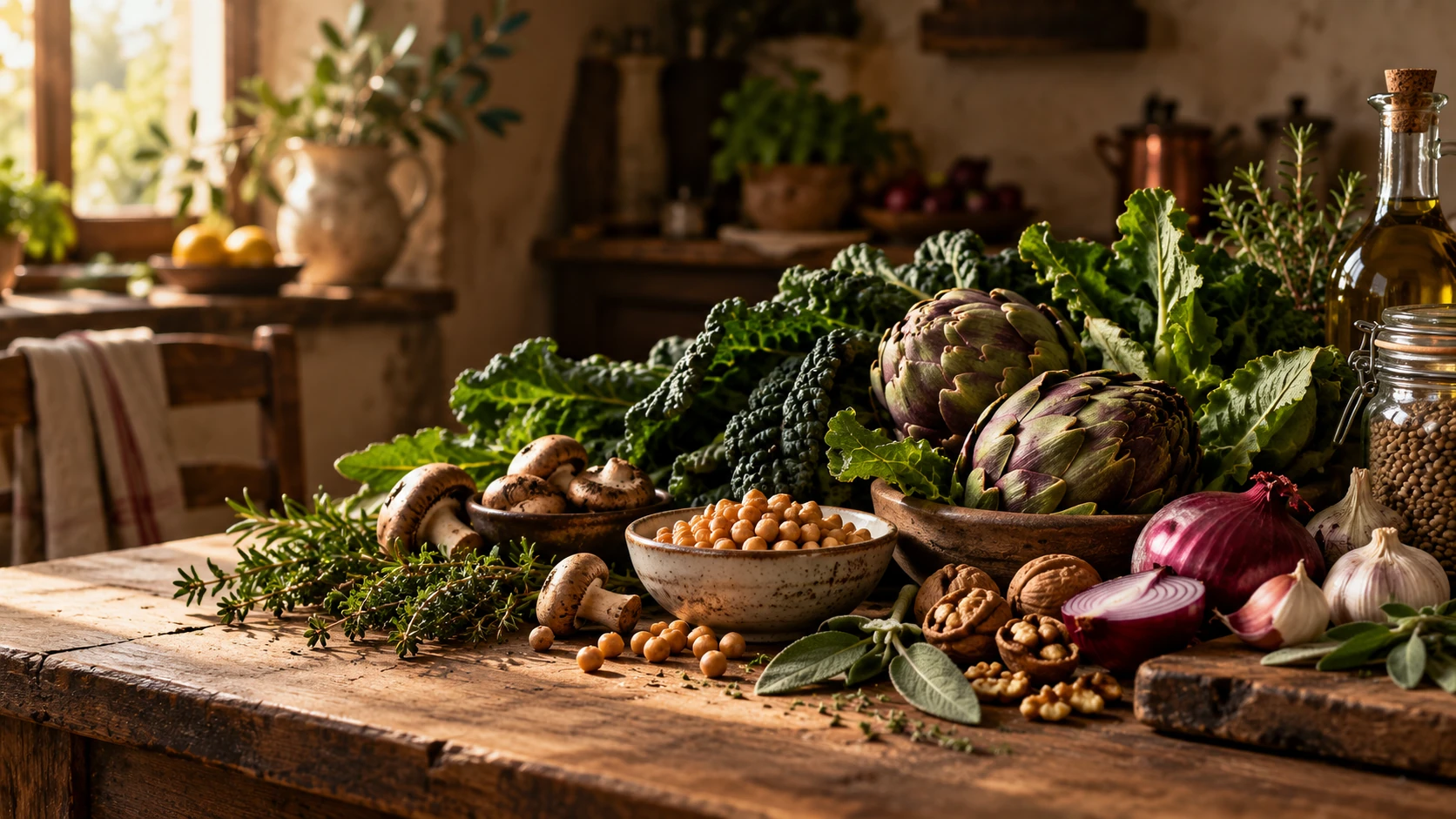 Verdure, legumi, funghi, erbe aromatiche e olio su una tavola di legno